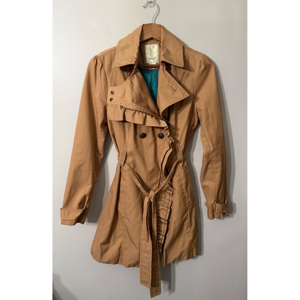Anthropologie Elevenses Ruffle Trench/Rain Coat Size 0 Lined Belted Pockets